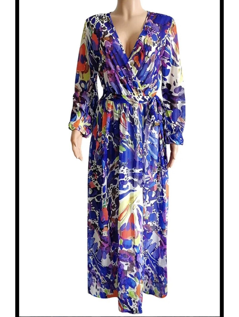 Women's L Blue Abstract V-Neck Balloon Sleeve Chiffon Maxi Dress Lined